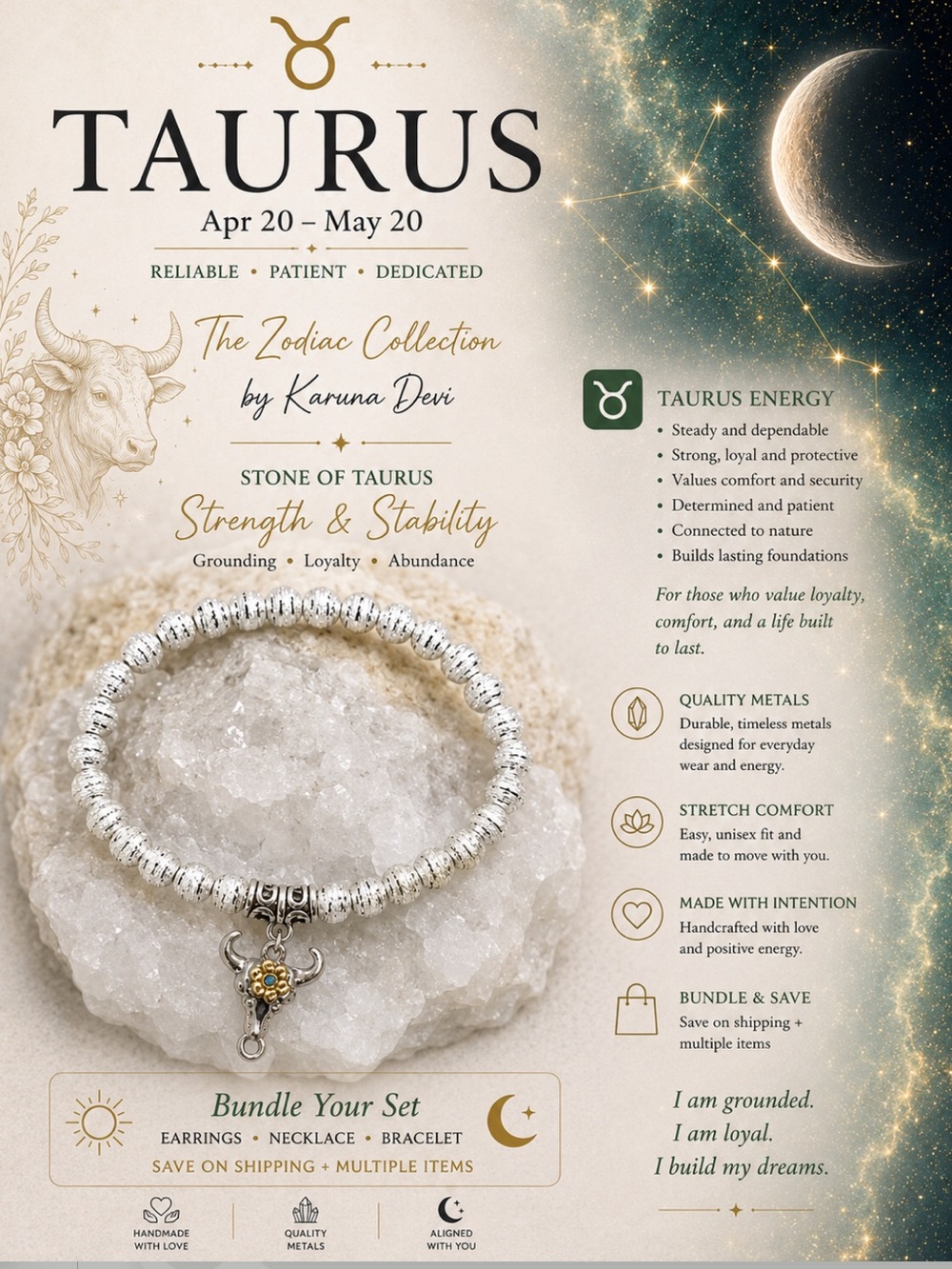 Taurus Zodiac Unisex Stretch Bracelet - Silver with Charm